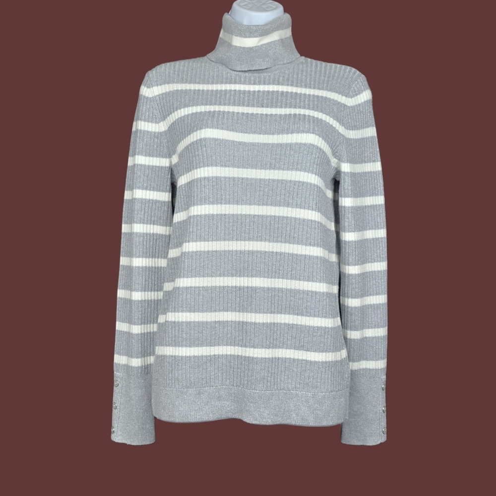 Talbots Womens Grey Ivory Striped Turtleneck Shimmery Knit Sweater Size M NWT